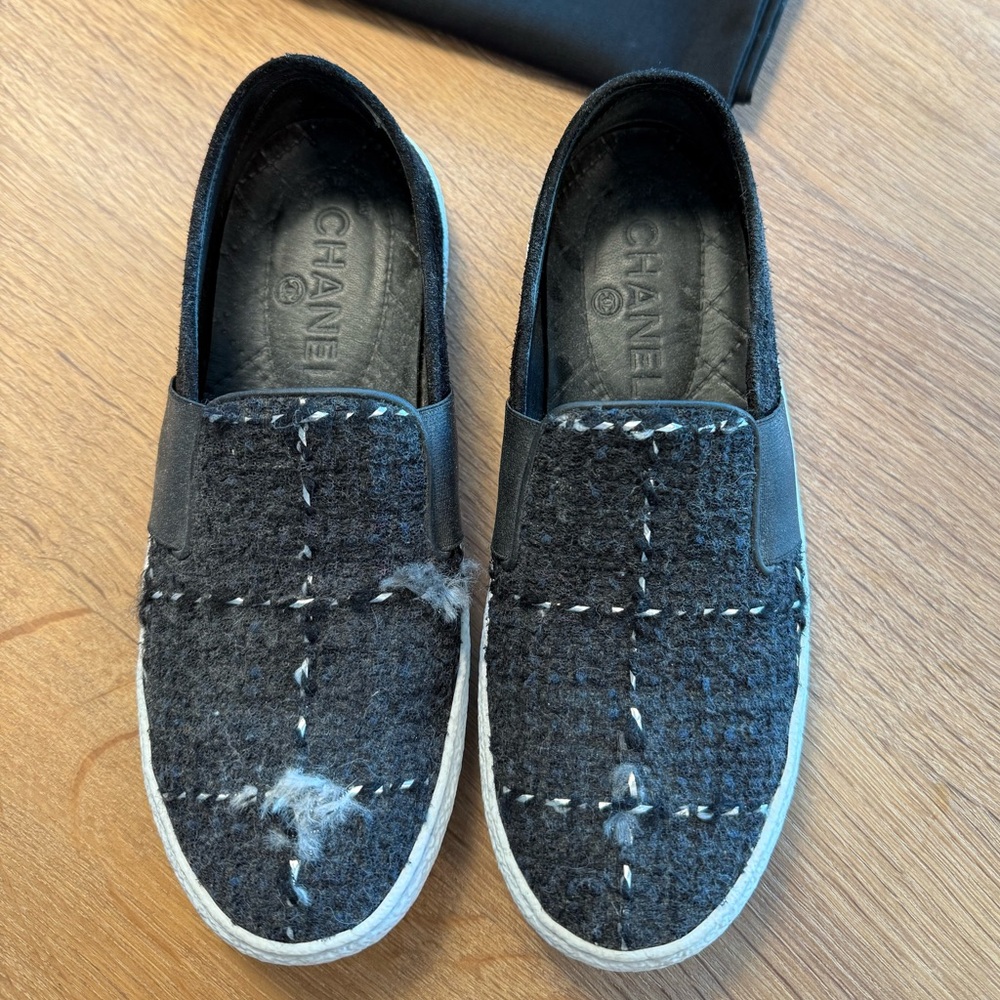 CHANEL Black Tweed Slip-On Shoes
